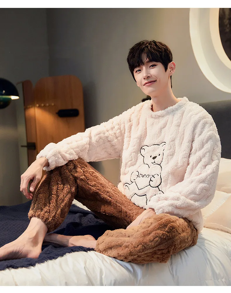 Yasuk Winter Fashion Women's Men Casual Warm Soft Sleepwear Pajamas With Pants Velvet Jacquard Fleecel Lovely Bear Couple Unisex