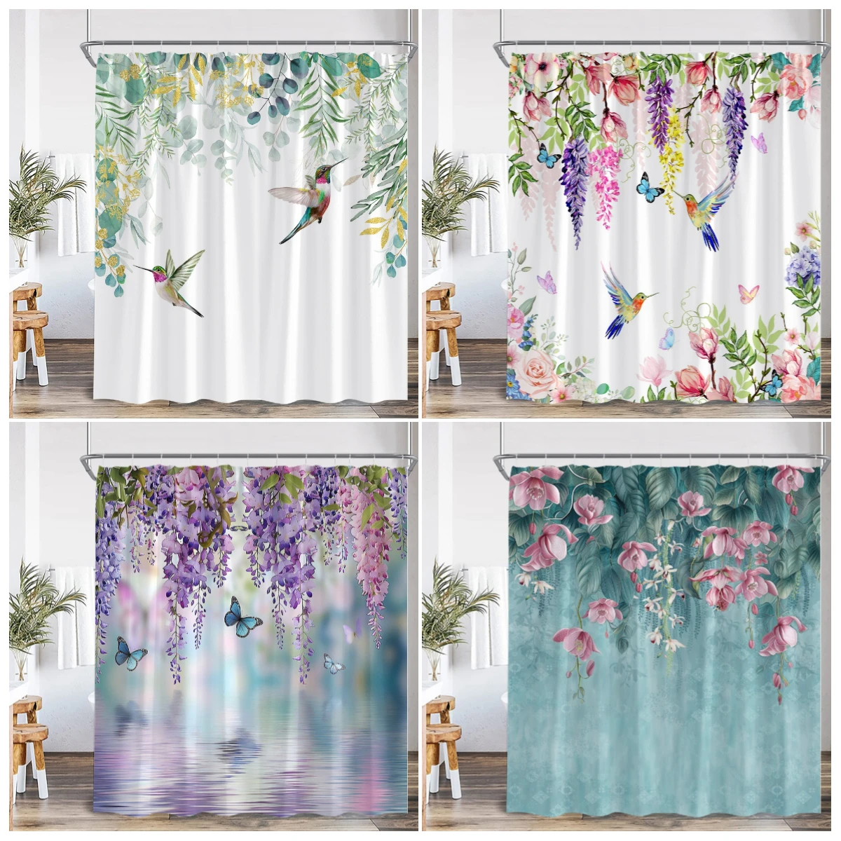 

Rustic Floral Shower Curtain Watercolour Flowers Plant Leaves Butterfly Hummingbird Bath Curtains Home Bathroom Decor with Hooks