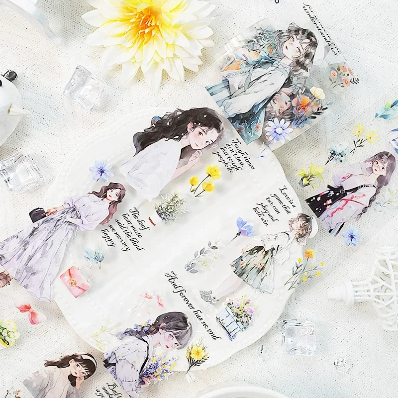 2m/Roll Girls Flower Washi Tape Scrapbooking Collage Material DIY Diary Decoration Transparent Vintage People Scrapbook Stickers