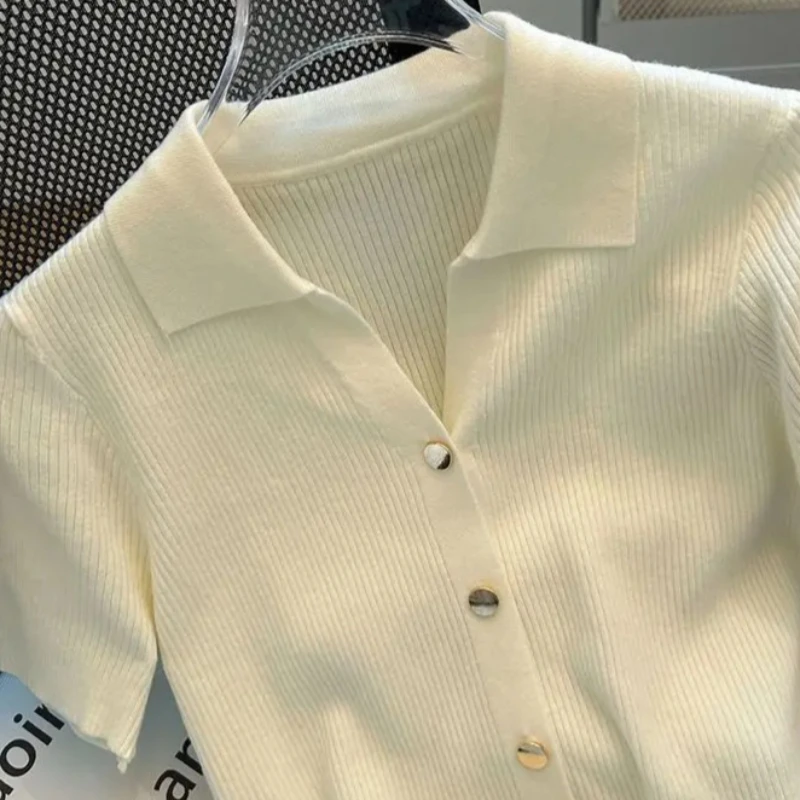 T-shirt da donna in maglia a costine con colletto polo, colore bianco crema, a maniche corte, elasticizzata, leggera, slim fit, per tutti i giorni, estiva, casual - immagine 4