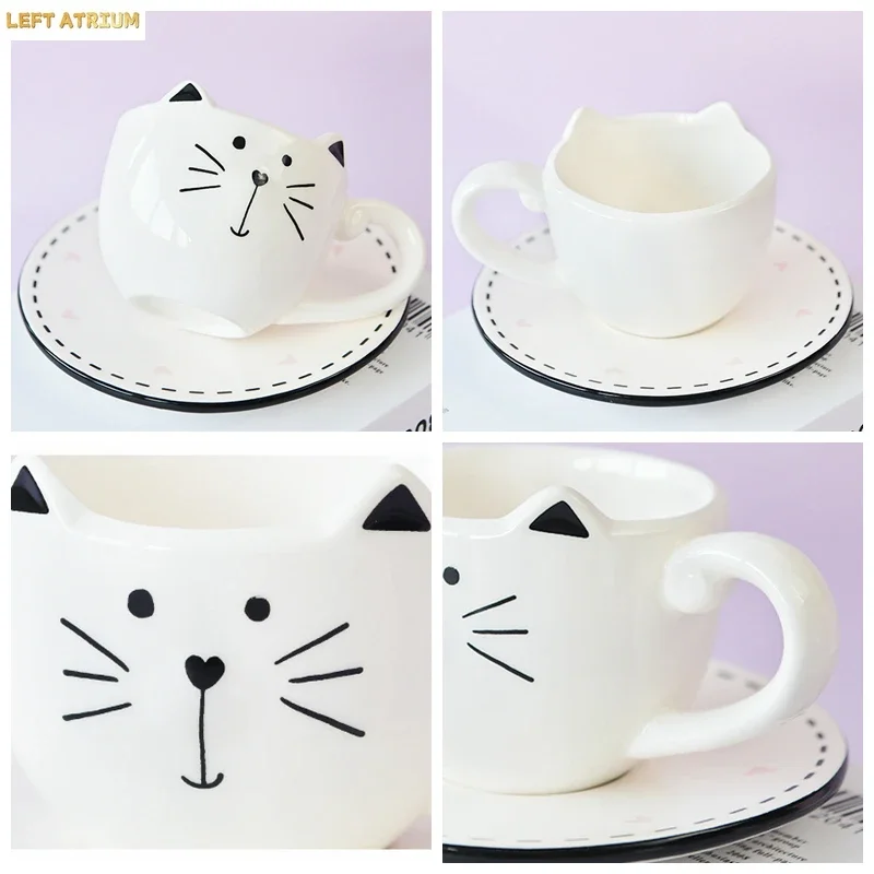 귀여운 고양이 세라믹 커피잔과 받침 세트 2세트, 220ml 머그컵과 디저트 접시 세트, 전자레인지 사용 가능