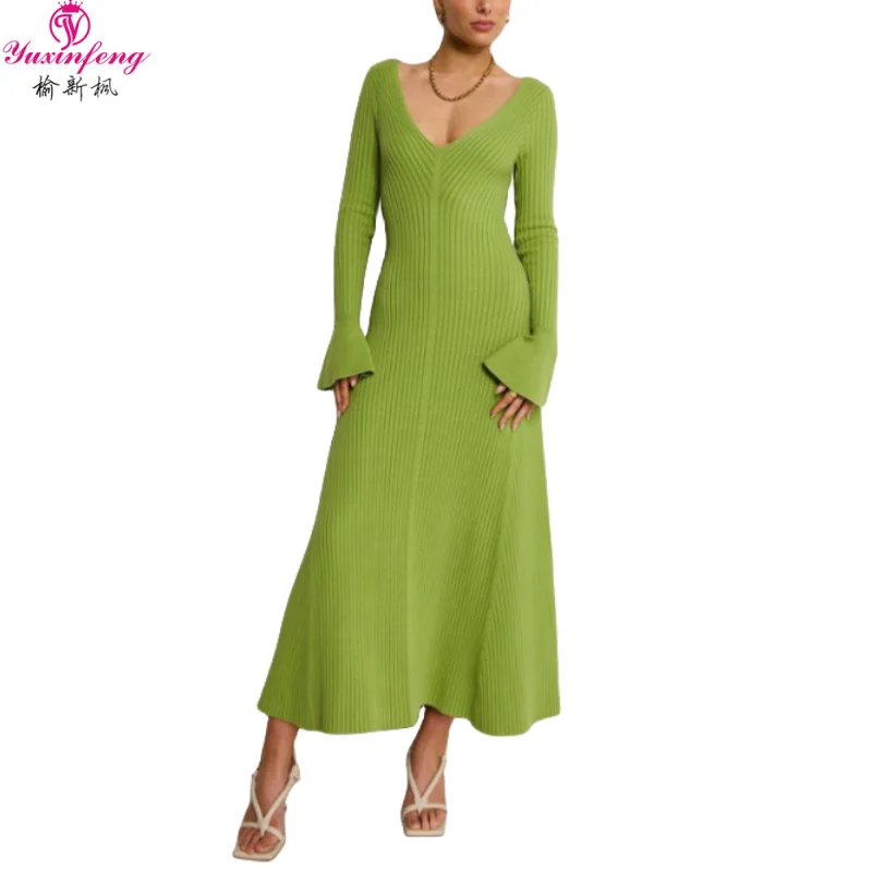 

Yuxinfeng Green V Neck Flare Sleeve Knitted Dress Women Jersey European 2023 Autumn Long Sleeve Maxi Dresses Slim Skinny Dress