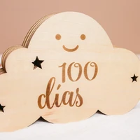 English&Spanish Wooden Baby Milestone Number Month Memorial Cards Items  Cute Cloud Shape Newborn Photography Accessories Props 5