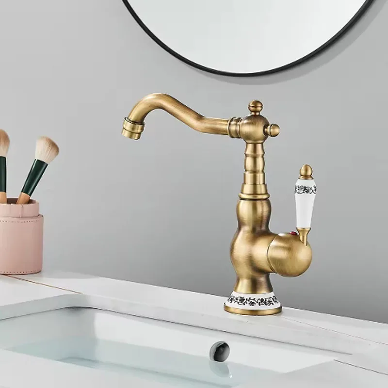 Antique Brass Bathroom Faucet Rotating Spout Basin Sink Mixer Tap Bathroom Kitchen Washing Faucet  Kitchen Taps Washbasin Mixers
