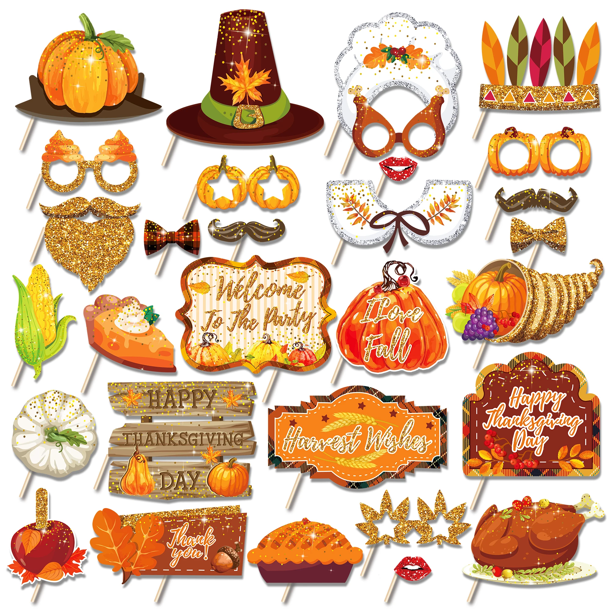 

Funny Happy Thanksgiving Day Photo Booth Props Decoration Fall Pumpkin DIY Glasses Lips Mask Photobooth Prop Party Supplies