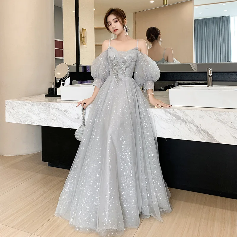 Bridesmaid Dress Temperament Lantern Sleeve Sequin Party Dress Fairy Stage Performance Elegant Banquet A-Long