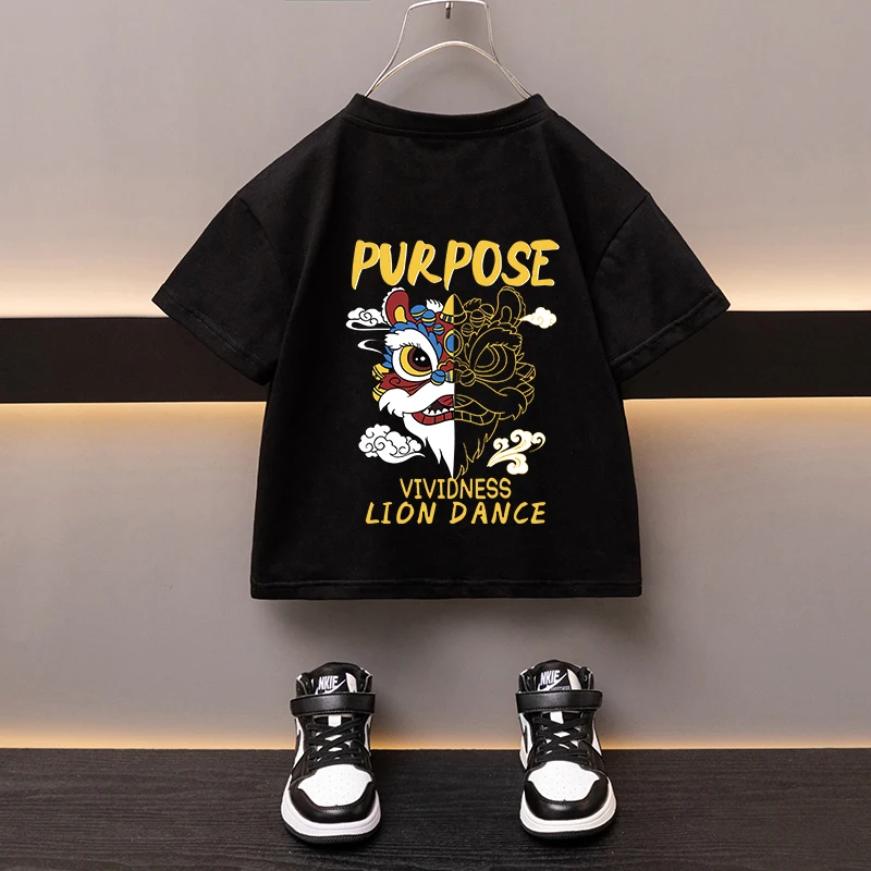 

2-12Y 100% Cotton Children's T-shirt Boys O Neck Black Tees China Cartoon Lion Girls Top High Quality Printed Clothes 2024 New