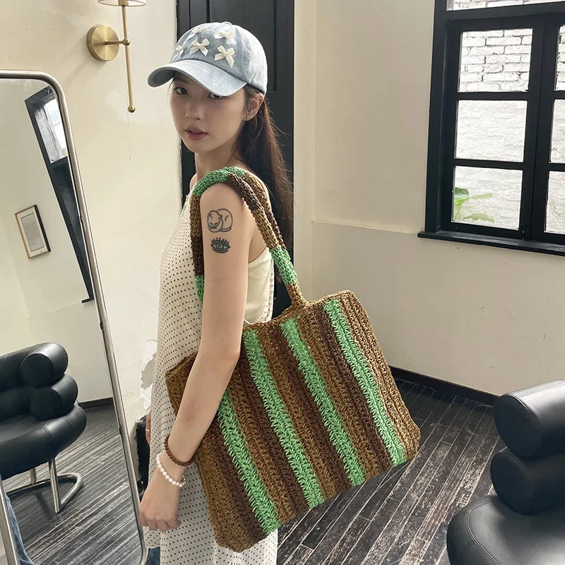 Straw Woven Handbags For Women Handmade Travel Seaside Beach Bag Summer New Handle Bucket Bag Shopping Tote Bag Basket Bolsa