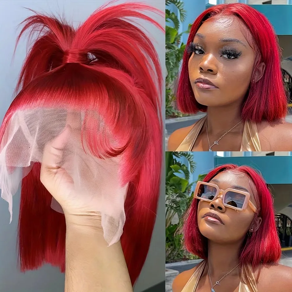 Double Drawn Red Straight Short Bob Wigs Human Hair For Women 13x4 Lace Front Wig Pre Plucked Red Bob Wigs 10 12 14 Inches