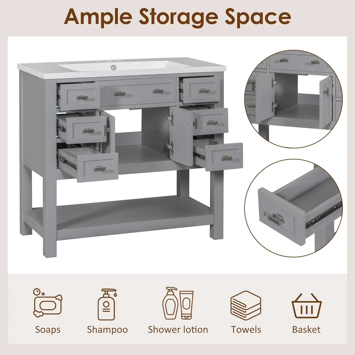 36'' Bathroom Vanity with Single Sink Combo, Modern Bathroom Sink Cabinet with 2 Soft Closing Doors & 6 Drawers 5
