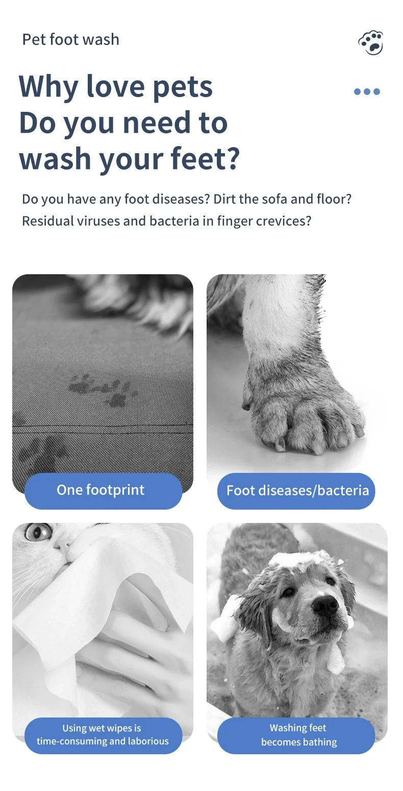 An educational graphic titled "Why love pets Do you need to wash your feet?" showing four black-and-white photos of problems: a muddy footprint on a sofa, a dirty paw with bacteria, a person struggling to use wet wipes on a cat, and a dog covered in soap during a full bath.