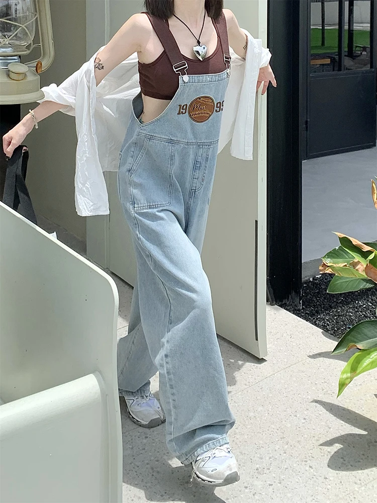 American Vintage Embroidery Letters Denim Jumpsuit Women High Waist Loose Wide Leg Straps Jeans Streetwear Overall Trousers