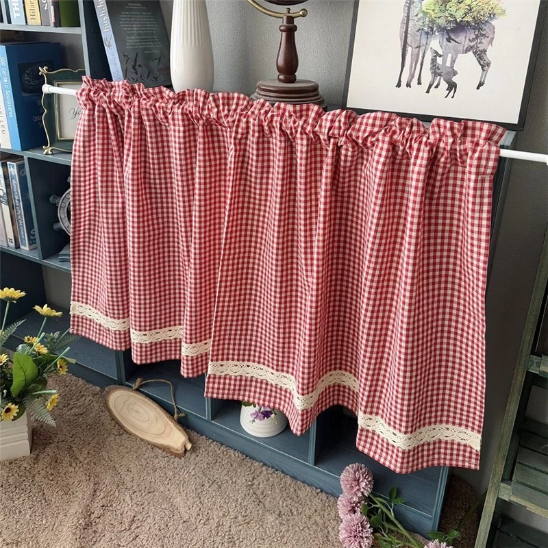 South Korea Red Plaid Short Curtains for Kitchen Japanese Lace Half Curtain Coffee Valance #A605 2