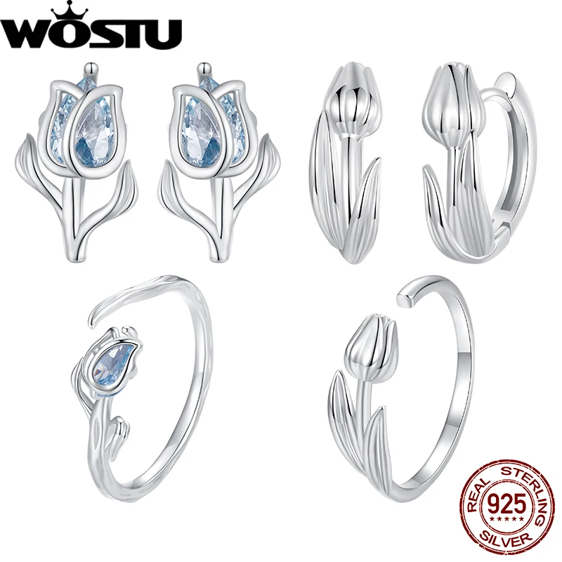 WOSTU Hot Sell 925 Sterling Silver Tulip Earrings Opening Ring Set Spinel Ear Studs for Women Fine Jewelry Party Date Daily Gift 1