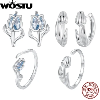 WOSTU Hot Sell 925 Sterling Silver Tulip Earrings Opening Ring Set Spinel Ear Studs for Women Fine Jewelry Party Date Daily Gift 1