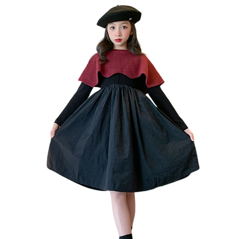 

Baby Girls Black Winter Dresses with knitted Shawl 2Pcs Kids Princess Outfits Long Sleeve Teenager Children Costumes 4-13 Years