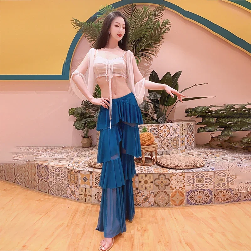 

Belly Dance Practice Suit for Women Bellydancing Elastic Cake Pants White Top 2pcs Oriental Dance Suit Female Oriental Outfit