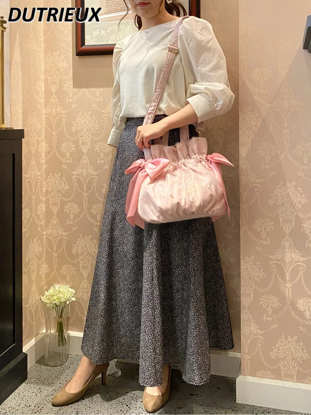 Japanese Style New Cosmetic Bag Fashion Elegant Sweet Cute Pearl Mesh Bucket Crossbody Hand-Carrying Dual-Use Women's Bag