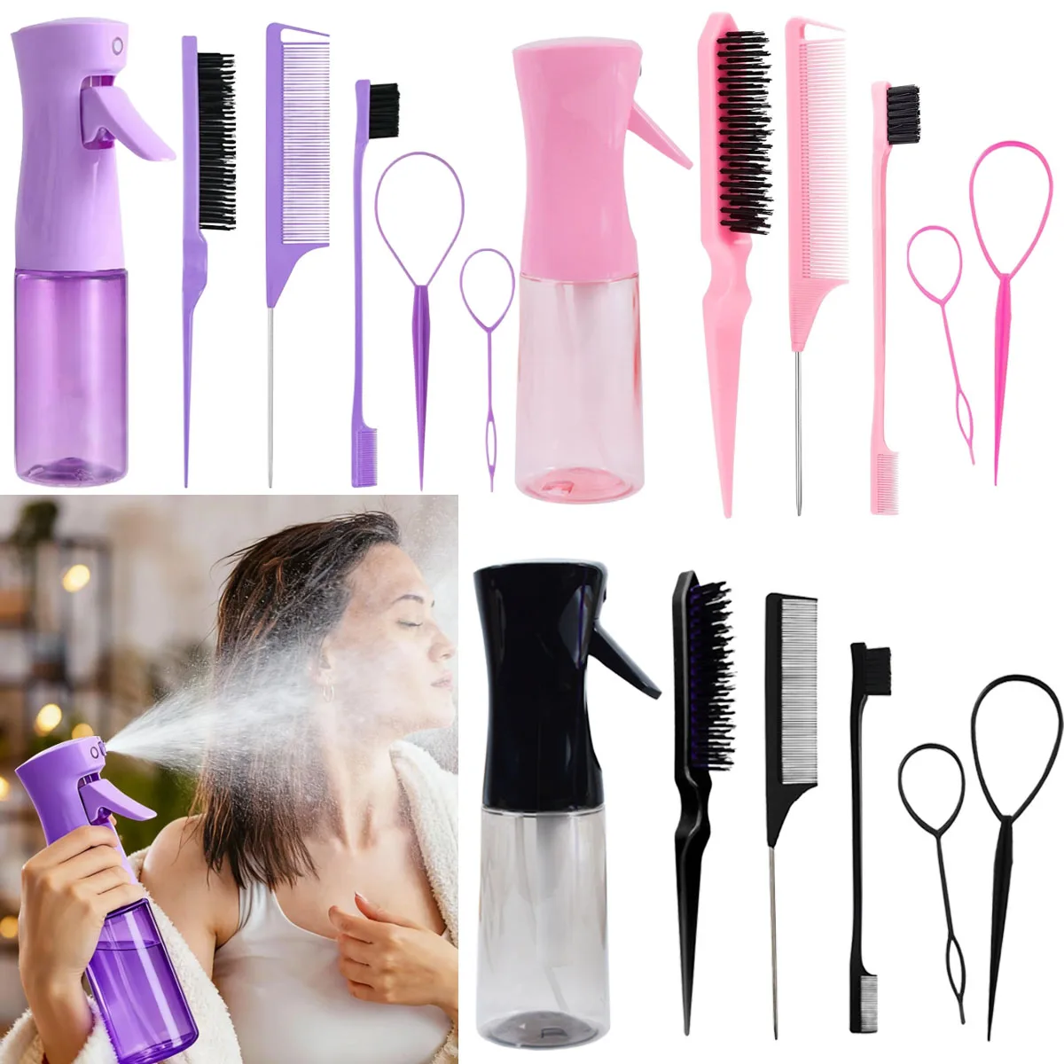 6-Piece Hair Styling Comb Set, with Continuous Spray Bottle, 200ml Brush, Rat Tail Comb, Edge Control Hairbrush for Backcombing, Detangling, Braiding, Smoothing Hair for Women (Pink) 1 6-Piece Hair Styling Comb Set, with Continuous Spray Bottle, 200ml Brush, Rat Tail Comb, Edge Control Hairbrush for Backcombing, Detangling, Braiding, Smoothing Hair for Women (Pink) 1