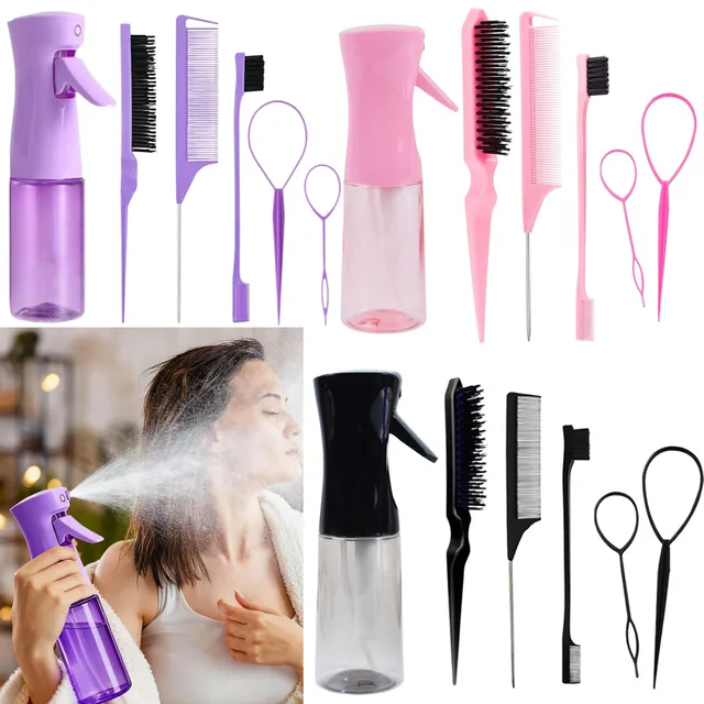 6-Piece Hair Styling Comb Set, with Continuous Spray Bottle, 200ml Brush, Rat Tail Comb, Edge Control Hairbrush for Backcombing, Detangling, Braiding, Smoothing Hair for Women (Pink) 1