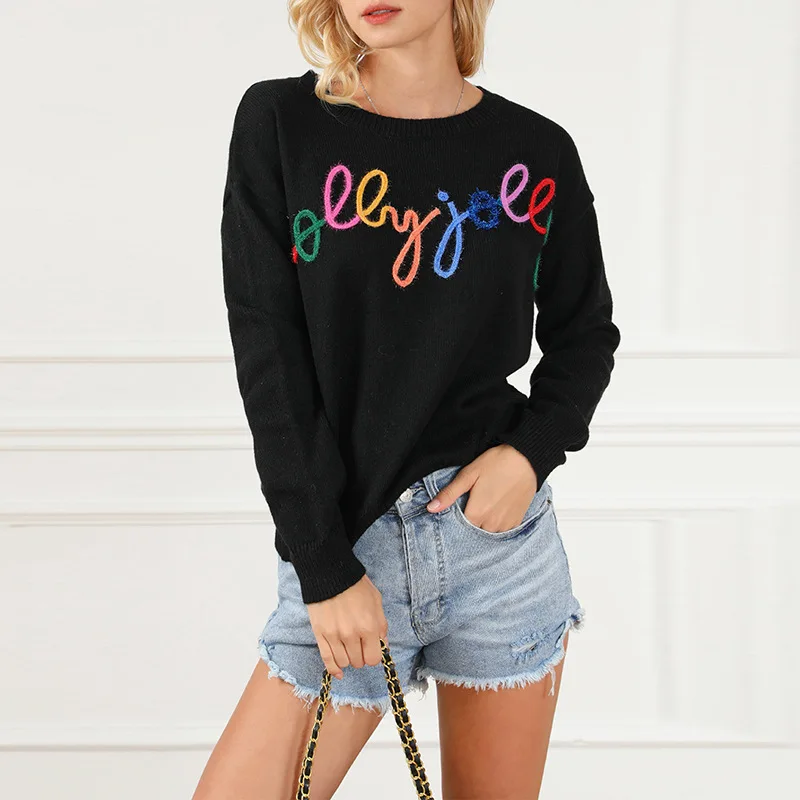 

Women Sweaters Long Sleeve O Neck Print Letter Pullovers Sports High Street Jumpers Loose Fit Slight Strech Knitting Autumn