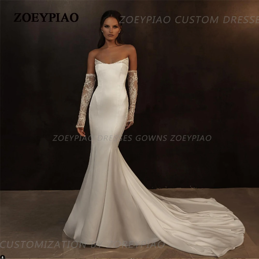 

Современное атласное свадебное платье, новинка 2024, элегантное платье без бретелек с длинным рукавом и цветочной аппликацией, ТРАПЕЦИЕВИДНОЕ свадебное платье со шлейфом, Robe De Mariee