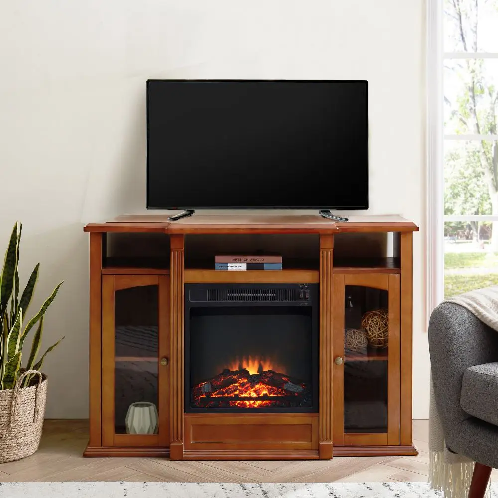 Modern Electric Fireplace Tv Stand, With Two Tempered Glass Storage Cabinet  And Adjustable Shelves Wood Veneer Tv Console - Tv Stands - AliExpress