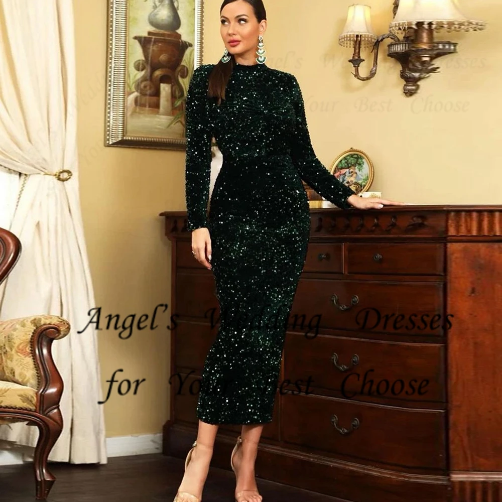 

Ink Green Full Sleeve Evening Dresses for Women New Summer Ankle Length Prom Gowns Sheath 2024 Summer New Robe De Soirée Zipper