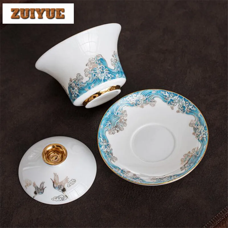 120ml White Nephire Porcelain Gaiawan Crane Wave Plated Tea Bowl Household Gaiwan Teacup Kung Fu Puer Tea Set Ceremony