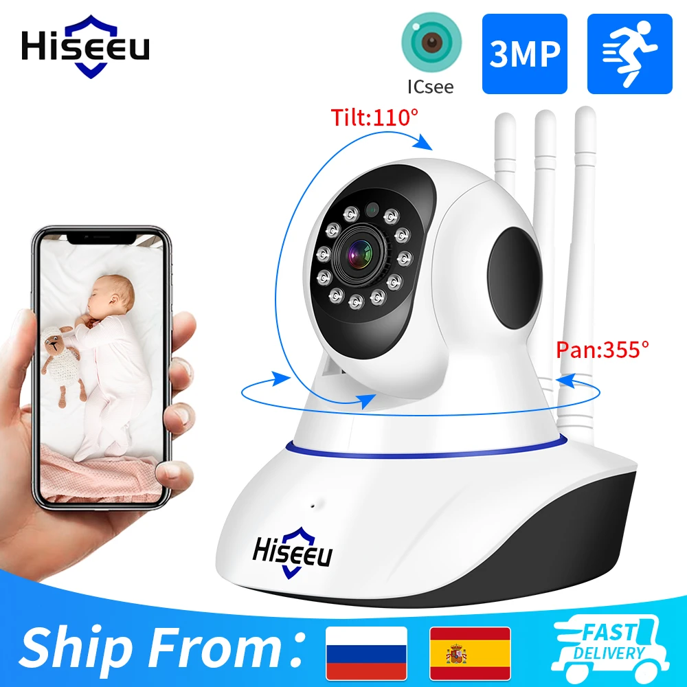 Hiseeu 2MP 3MP PTZ IP Camera WIFI Wireless Smart Home Security Surveillance Camera Two-way Audio Baby Pet Monitor Video Record dome camera