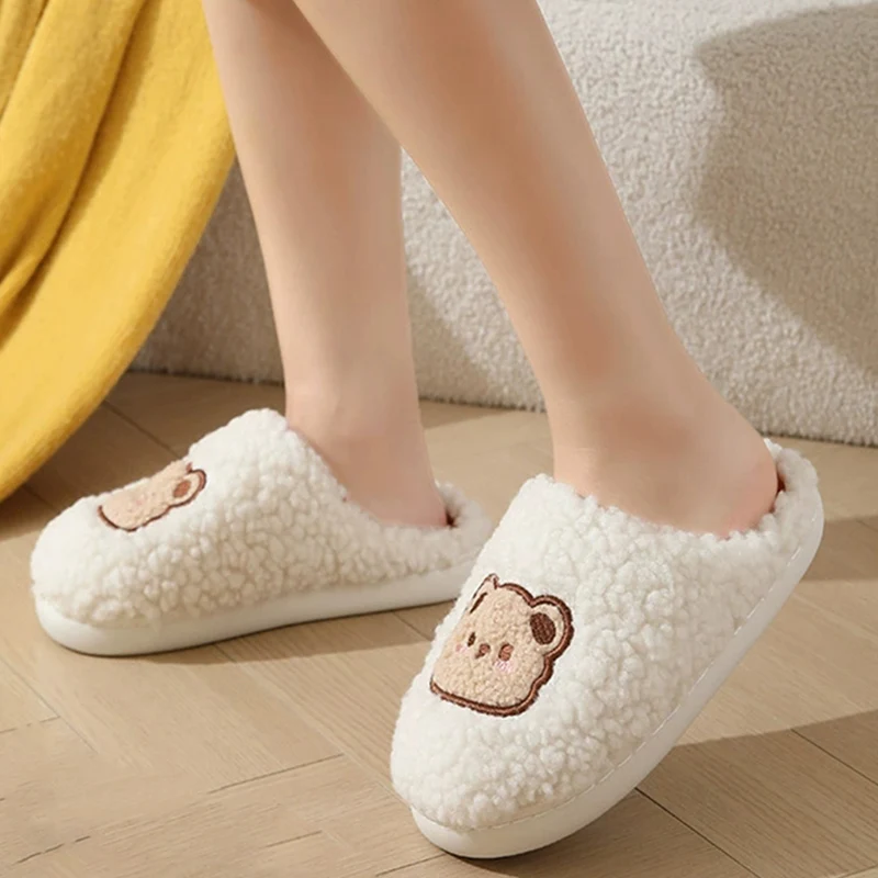 Non Slip Cartoon Cotton Slippers for Women Cute Bear Pattern Home Cotton Slippers Woman 2025 Winter New Indoor Soft Sole Shoes