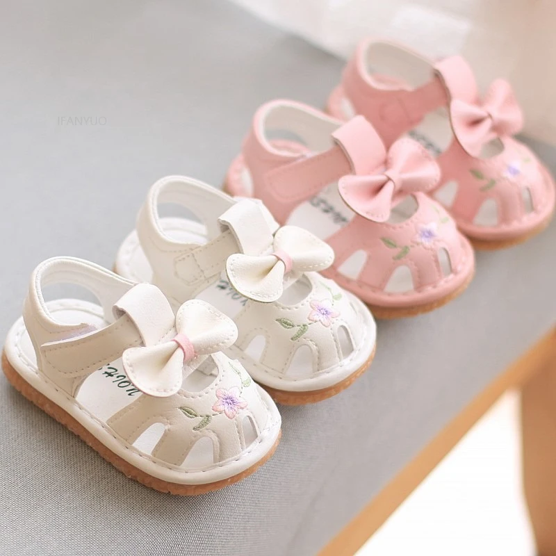 Summer Baby Walking Shoes Cow Muscle Soft Soles Non Slip Girls Kids Clogs Sandals Infant Princess Embroidered Flowers Call Shoes 1
