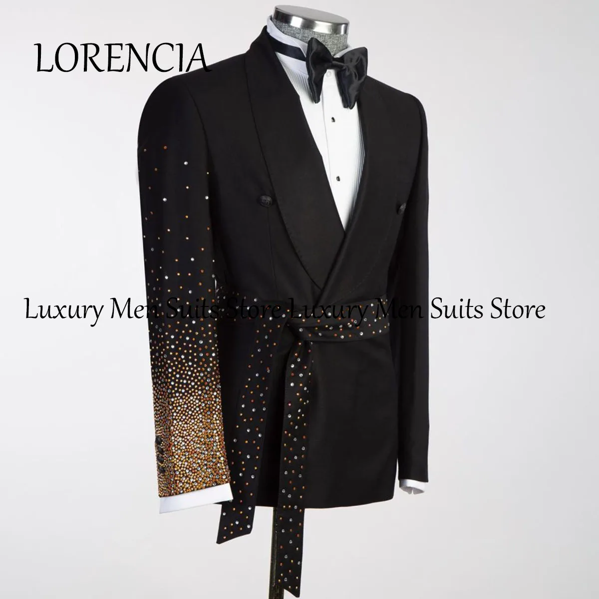Customized Men Shawl Lapel Belt Rhinestone Embellished Suits Groom Wedding Tuxedos 3 Pieces Sets Male Prom Blazers Costume Homme 3