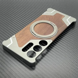Walnut Wood Shockproof Frameless Metal Phone Case with Built - in Kickstand and Protector for Galaxy S25 Ultra (Grey)