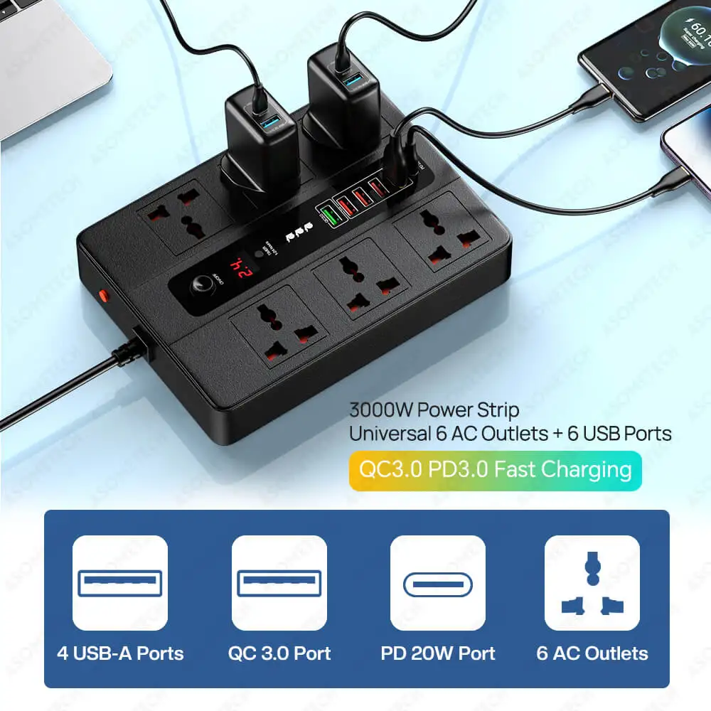 Câble d'extension électrique universel avec ports USB, multiprise,  minuterie, rallonge de prise, adaptateur de chargeur USB, maison, 3000W -  AliExpress