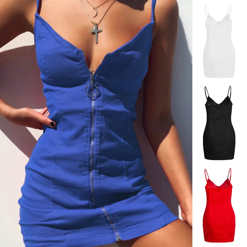 

Women Casual Zipper Bodycon Mini Cami Dress V Neck Party Skirt Summer Sundress Sleeveless Dress Skirt Party V Neck Summer Zipper