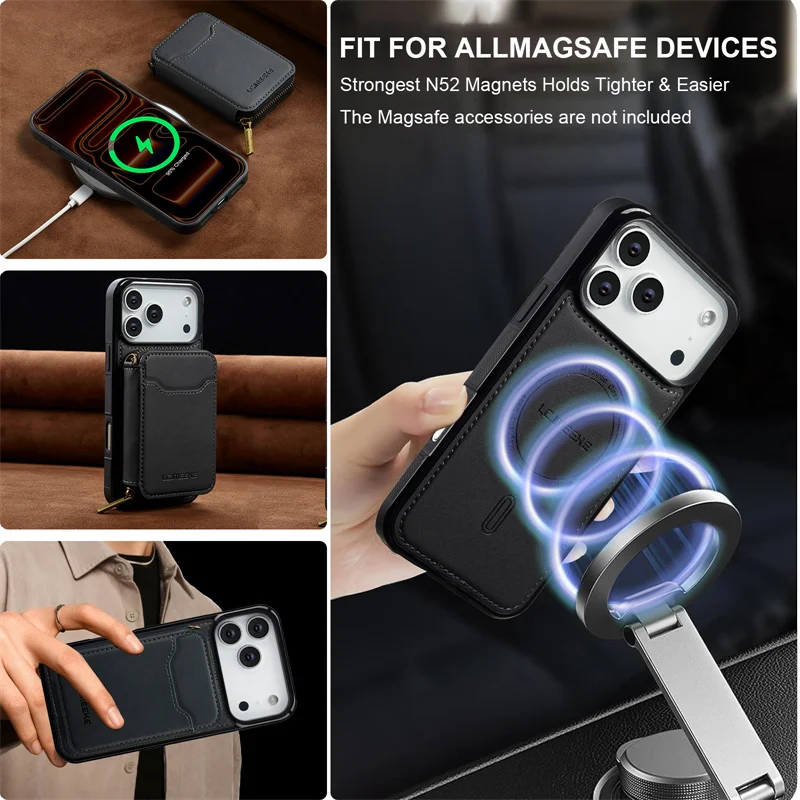 Magnetic Dual-Function Leather Wallet Phone Case with Zipper Card Holder