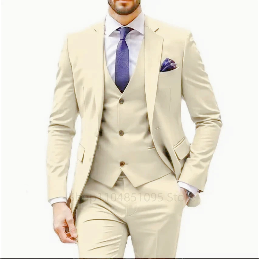 Men's Slim Fit 3 Piece Dinner Groom Tuxedos Wedding Suits Two Buttons Notch Lapel Jacket Vest And Pants for Business Party Prom