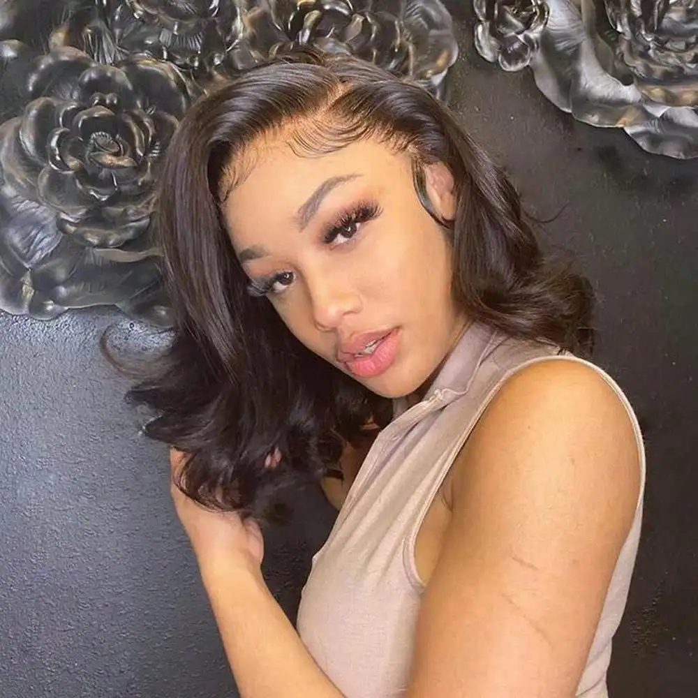 16 Inch 13x4 HD Lace Front Body Wave Bob Wig 250% Density Pre Plucked Natural Black Human Hair for Women 5