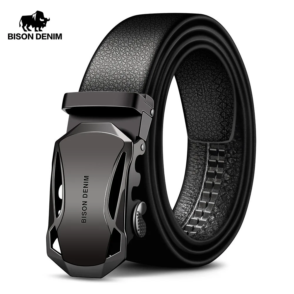 BISON DENIM hommes ceinture en cuir de vache ceintures marque de mode boucle automatique noir en cuir véritable ceintures pour hommes 3.4 cm largeur N71314
