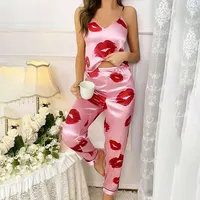 Women's Satin Pajama Set with Lip Print V-Neck Cami Top and Elastic Pants For Women Pijama Comfortable Sleep and Loungwear - Image 4
