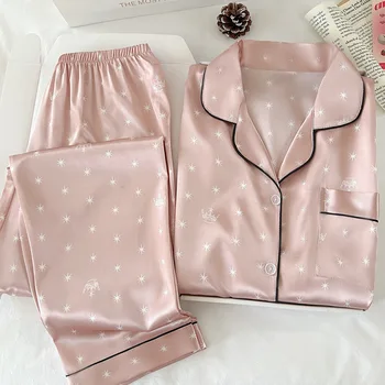 Japanese-Style Sweet Girl Star Print Ice Silk Pyjamas for Women - Spring/Autumn Season Long-Sleeved Top and Trousers Homewear