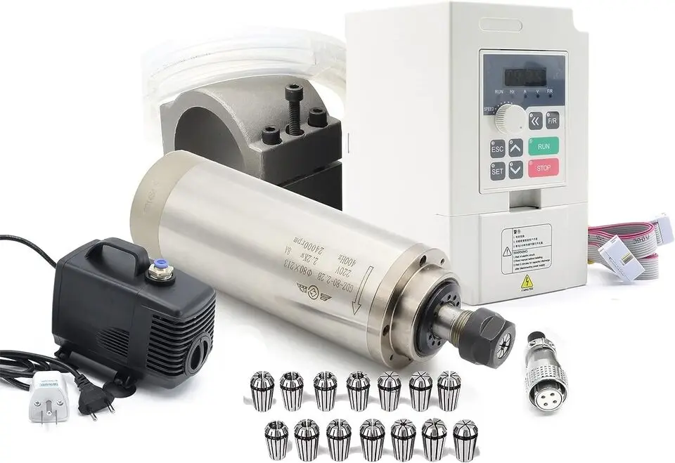 【EU/US】CNC Milling Spindle 2.2kw ER20 Water Cooled Spindle 4 Bearings 24000rpm & 2.2kw VFD Inverter 220V & 80mm Clamp & 80W Pump