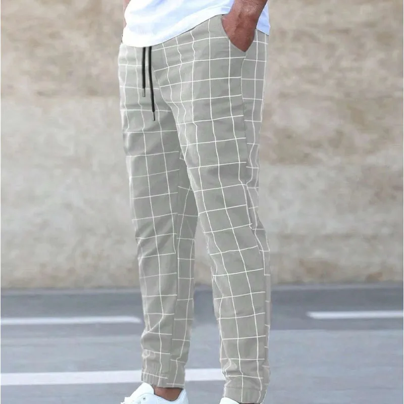 2023 Autumn Minimalist Fashion Trend Plaid Hoodie Versatile Casual Drawstring Contrast Loose Fitting Men's Temperament Pants