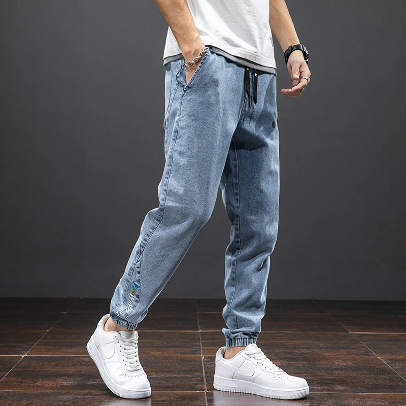 Large size elastic workwear jeans, men's ankle tied Harlan pants, wear-resistant and fat added, plus size trendy and loose 2