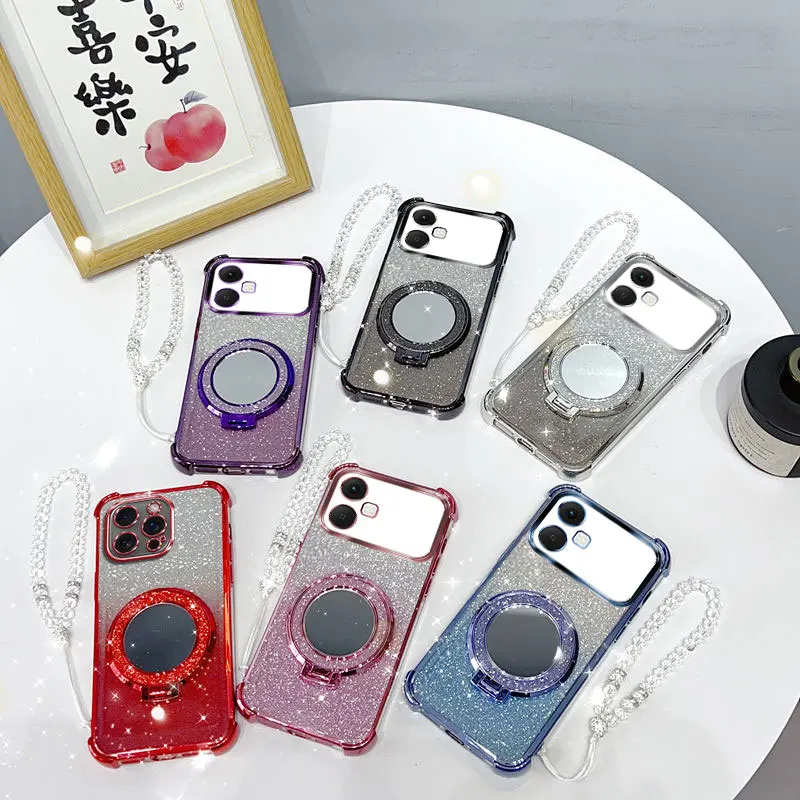 Glitter Shockproof Phone Case with Mirror Stand and Beaded Strap