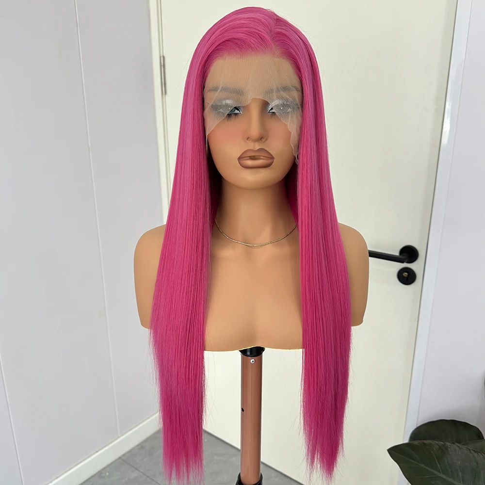 Hot Pink Long Straight Synthetic Lace Wigs for Women Rosy Pink Wig Long Silk Straight Wig Daily Use 13x4 Lace Front Wig Cosplay