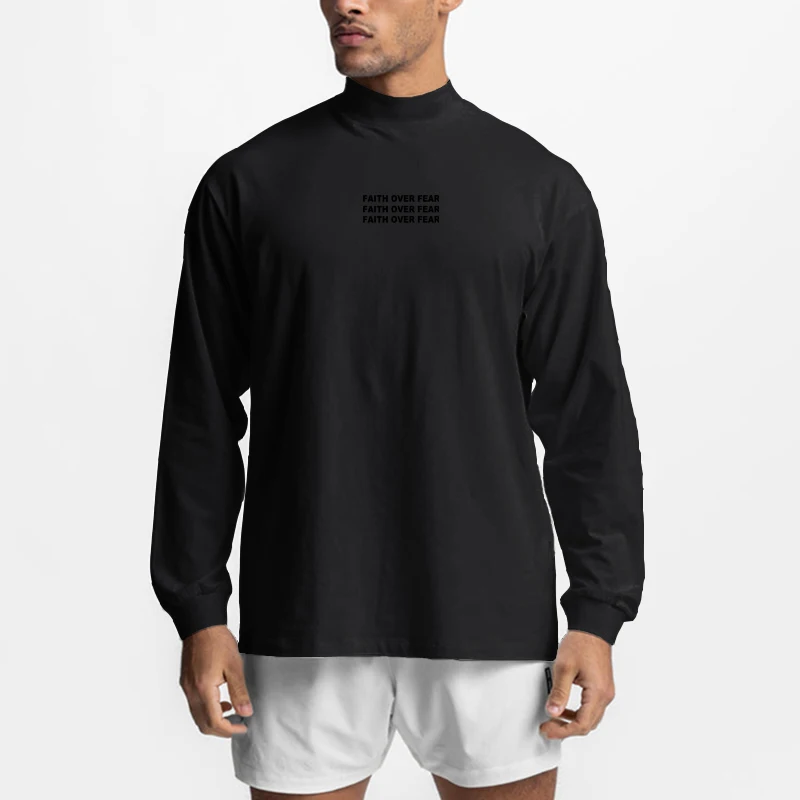 Übergroße lose Langarm Baumwolle T-Shirt Fitness studio Bodybuilding Fitness Workout Muskel hemd Herren Sport atmungsaktive Roll kragen pullover – Detail 3