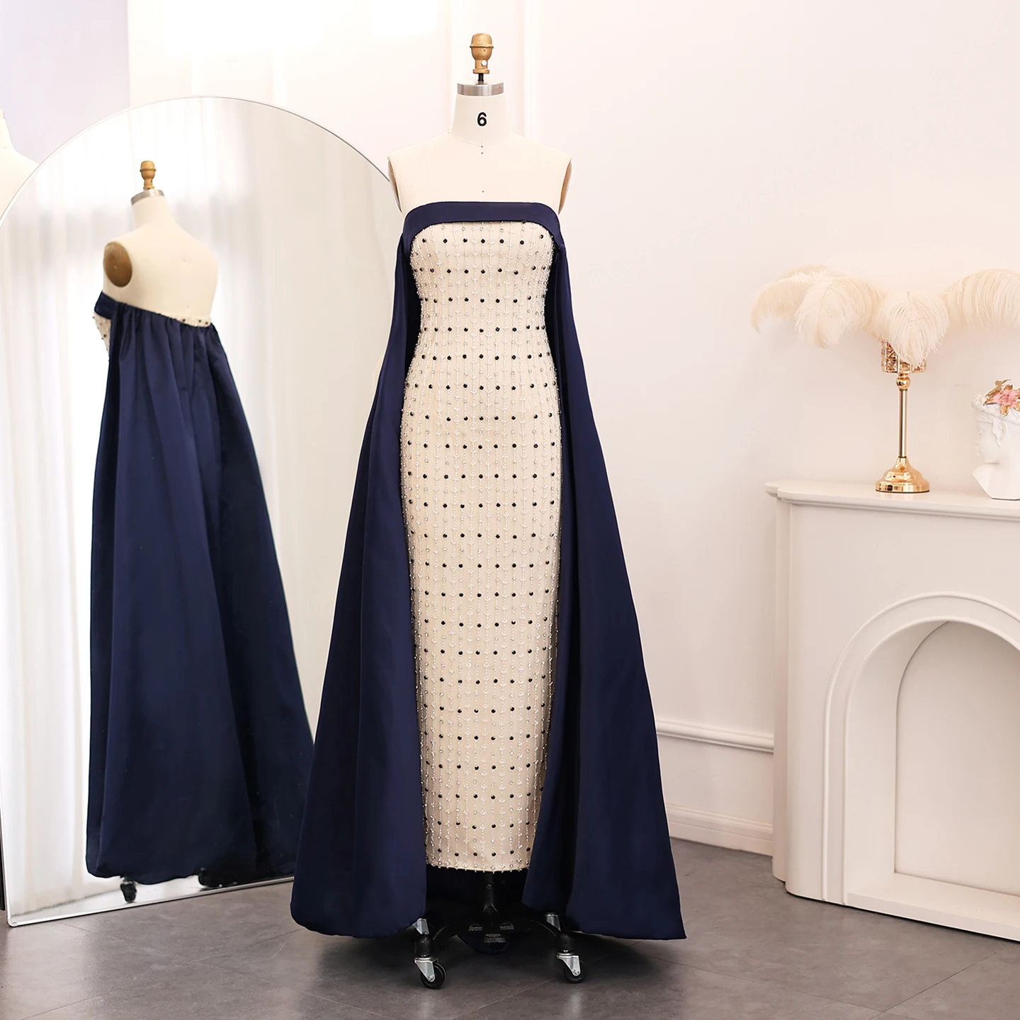 Sharon Said Navy Blue White Strapless Luxury Dubai Evening Dresses