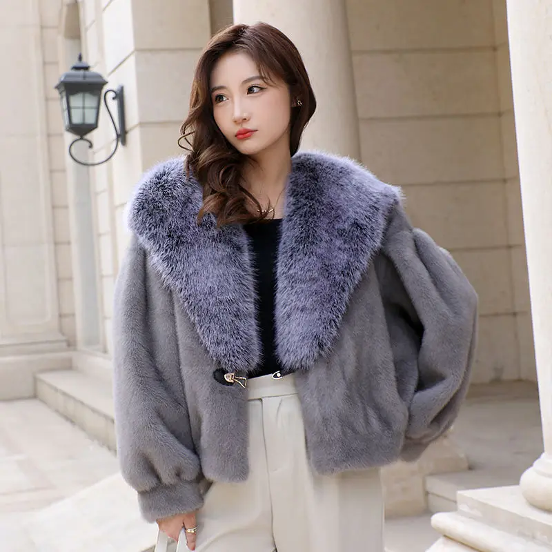 2023 Winter New Women Artificial Mink Hair Fur Coat Loose V-neck Thick Warm Short Outwear Female Retro Patchwork Casual Outcoat